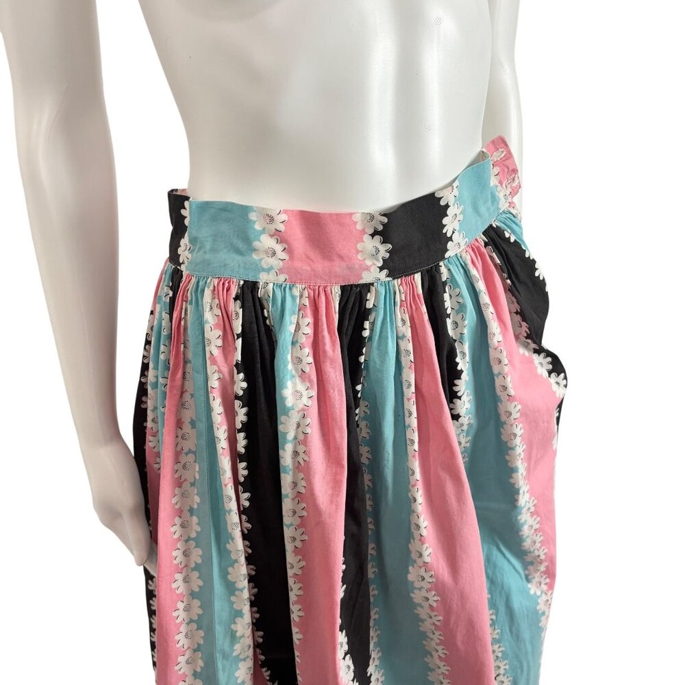 Vintage 50s Floral Skirt Women's Extra Small Pink Blue Cotton Print High Waist - Picture 5 of 10